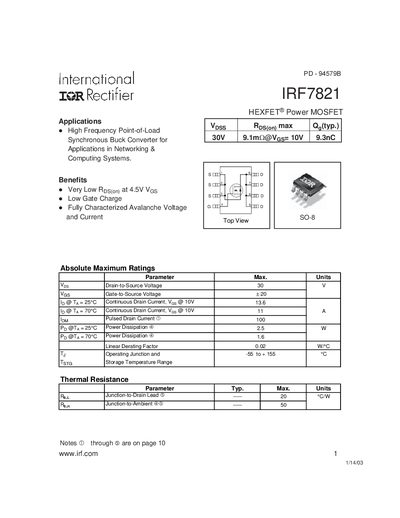 International Rectifier IRF7821 HEXFET Power MOSFET Datasheet - cover page
