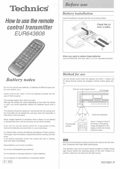 Technics EUR643808 Remote Control Transmitter User Manual - cover page