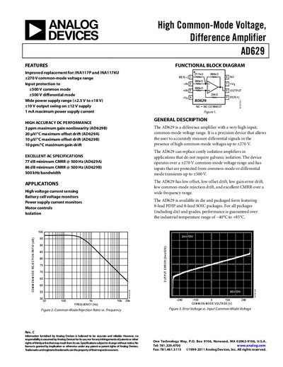 Analog Devices AD629 High Common-Mode Voltage Difference Amplifier Datasheet - cover page