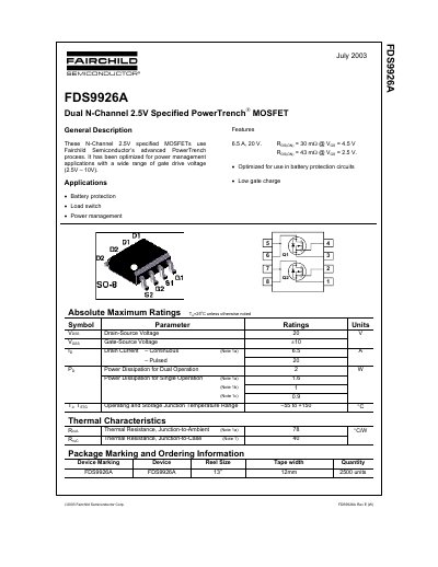Fairchild Semiconductor FDS9926A Dual N-Channel MOSFET Datasheet - cover page