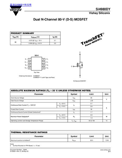 Vishay Si4980DY Dual N-Channel MOSFET Datasheet - cover page