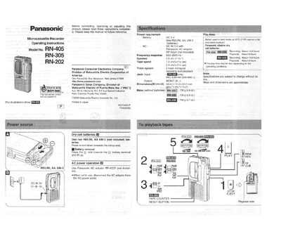 Panasonic RN-405 Microcassette Recorder Operating Instructions - cover page