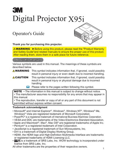 3M X95i Digital Projector Operator's Guide - cover page