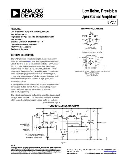 Analog Devices OP27 Precision Operational Amplifier Datasheet - cover page