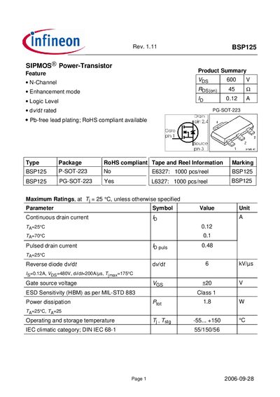 Infineon BSP125 Power Transistor Datasheet - cover page