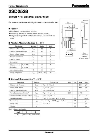 Panasonic 2SD2528 Silicon NPN Epitaxial Planar Type Datasheet - cover page