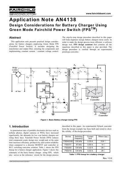 Fairchild Semiconductor AN4138 Battery Charger Design Considerations - cover page