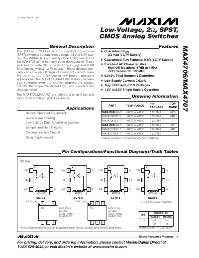Maxim MAX4706/MAX4707 Low-Voltage 2Ω SPST CMOS Analog Switches Datasheet - cover page