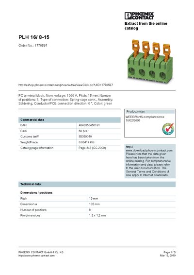 PHOENIX CONTACT PLH 16/ 8-15 Order No.: 1770597 handbook - cover page