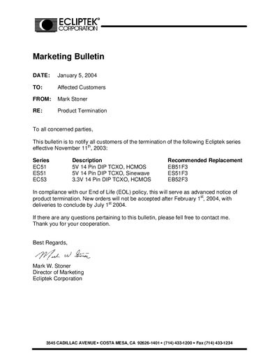 Ecliptek EC51/ES51/EC53 Marketing Bulletin - cover page