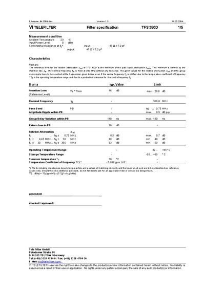 Tele Filter TFS 350D Filter Specification - cover page