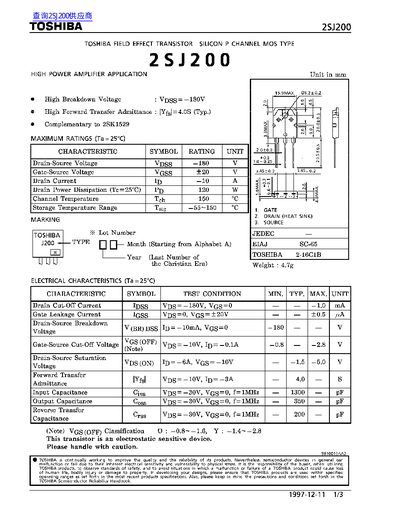 Toshiba 2SJ200 Field Effect Transistor Datasheet - cover page