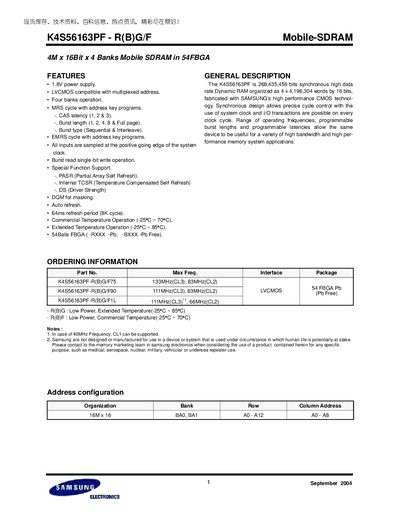 Samsung K4S56163PF Mobile SDRAM Datasheet - cover page