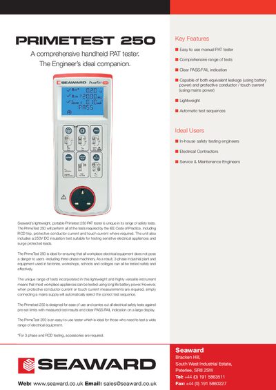 Seaward Primetest 250 PAT Tester Product Leaflet - cover page