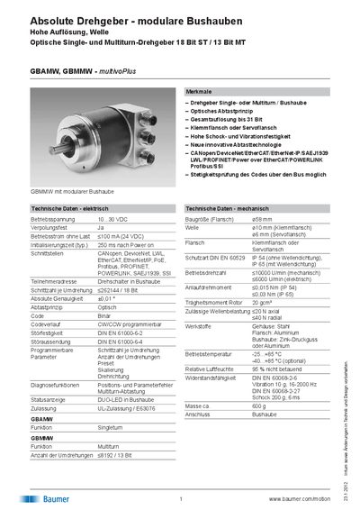 Baumer GBAMW/GBMMW MultivoPlus Absolute Rotary Encoder Technical Data Sheet - cover page