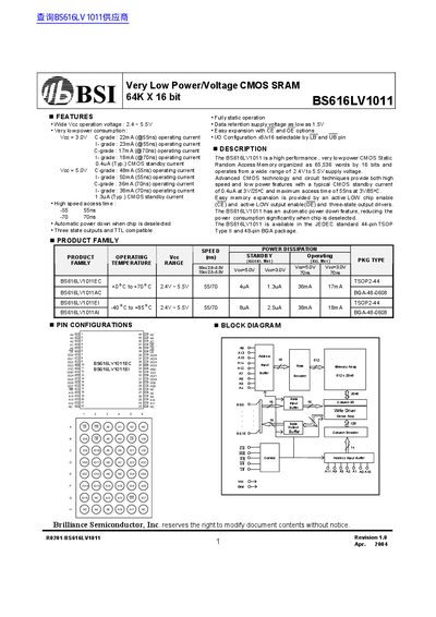BSI BS616L1011 DATA SHEET - cover page