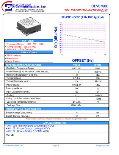 Z-Communications CLV0700E Voltage Controlled Oscillator Datasheet - cover page