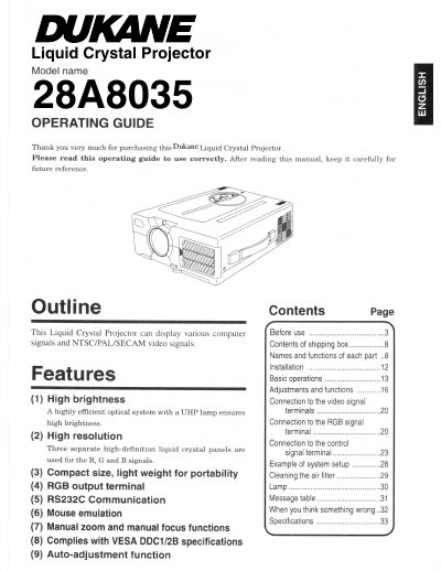 Dukane 28A8035 Liquid Crystal Projector Operating Guide - cover page
