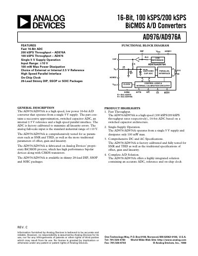 Analog Devices AD976/AD976A 16-Bit 100 kSPS/200 kSPS BiCMOS A/D Converter Datasheet - cover page