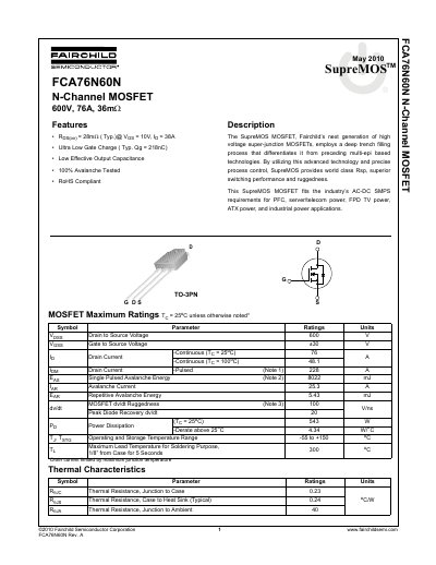 Fairchild FCA76N60N N-Channel MOSFET Datasheet - cover page