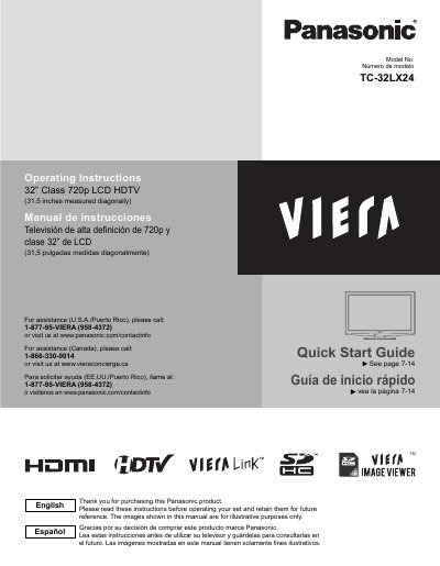 Panasonic TC-32LX24 32" Class 720p LCD HDTV Quick Start Guide - cover page