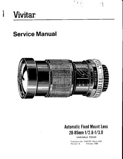 Vivitar Automatic Fixed Mount 28‑85mm f/2.8‑3.8 Service Manual - cover page