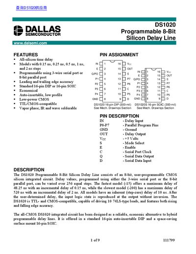 Dallas DS1020 Programmable 8-Bit Silicon Delay Line Datasheet - cover page