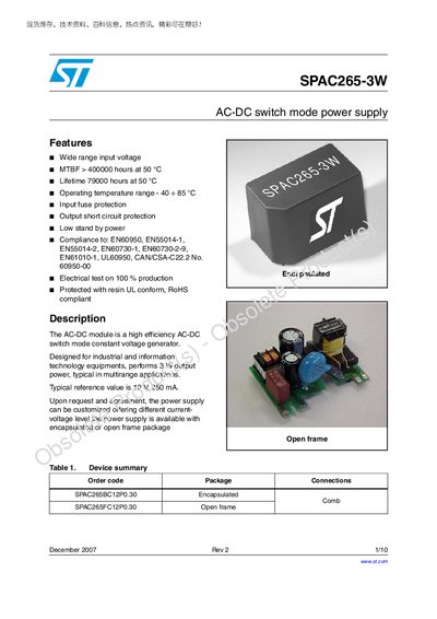 ST SPAC265-3W AC-DC Switch Mode Power Supply Datasheet - cover page