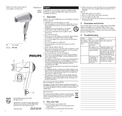 Philips HP8101/HP8100 Hairdryer User Manual - cover page
