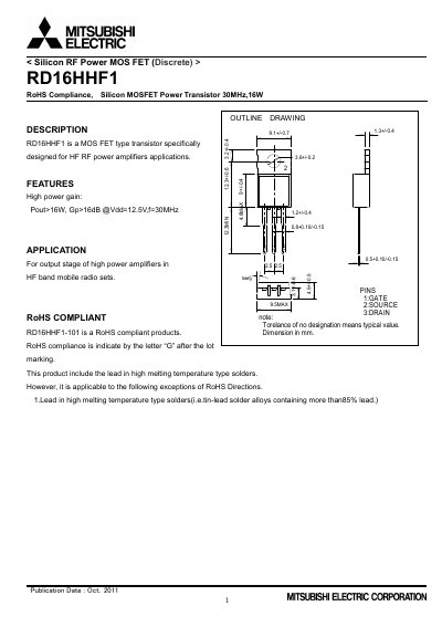 Mitsubishi Electric RD16HHF1 Silicon RF Power MOS FET Specification Sheet - cover page