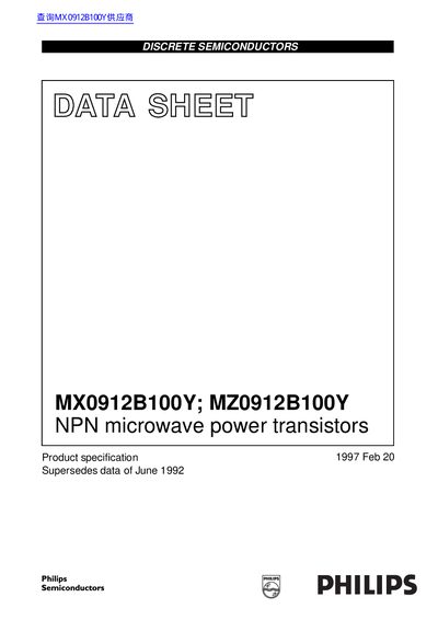 Philips MX0912B100Y; MZ0912B100Y NPN Microwave Power Transistors Datasheet - cover page