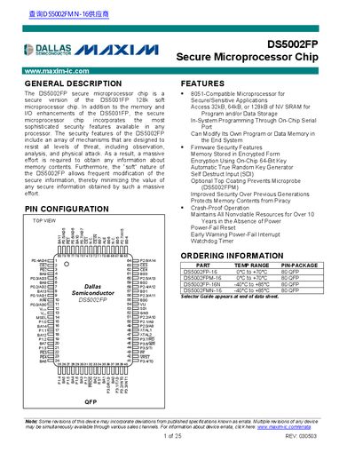 Dallas Semiconductor DS5002FP Secure Microprocessor Chip Datasheet - cover page