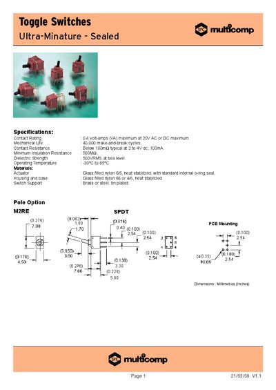 Multicomp Ultra-Minature Toggle Switches Sealed Datasheet - cover page