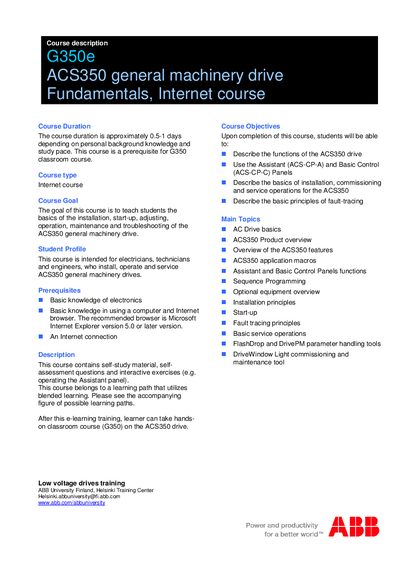 ABB G350e ACS350 general machinery drive Fundamentals Internet course Manual - cover page