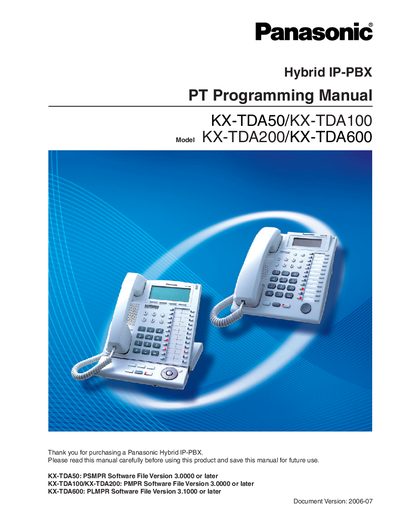 Panasonic KX-TDA50/KX-TDA100/KX-TDA200/KX-TDA600 PT Programming Manual - cover page