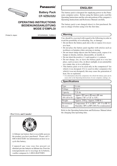 Panasonic CF-VZSU32U Battery Pack Operating Instructions - cover page