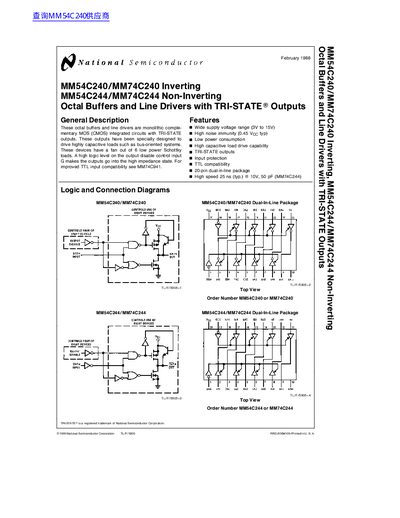 National Semiconductor MM54C240/MM74C240 and MM54C244/MM74C244 Octal Buffers and Line Drivers with TRI-STATE Outputs Dat - cover page