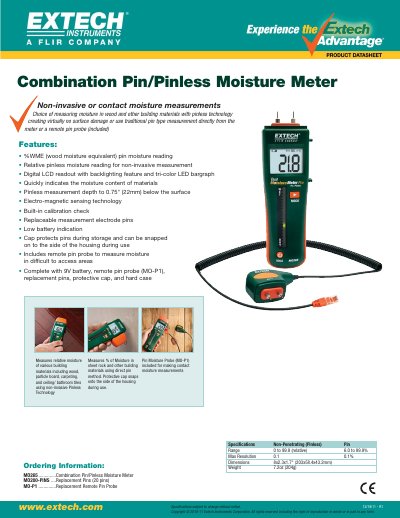 EXTECH MO265 ..............Combination Pin/Pinless Moisture Meter MO200-PINS ....Replacement Pins (20 pins) MO-P1 ..............Replacement Remote Pin Probe User Manual - cover page