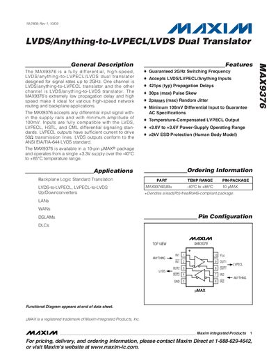 Maxim MAX9376 LVDS/Anything-to-LVPECL/LVDS Dual Translator Datasheet - cover page
