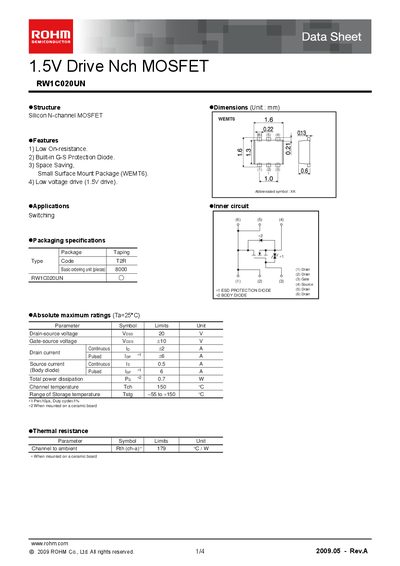 ROHM RW1C020UN MOSFET Datasheet - cover page