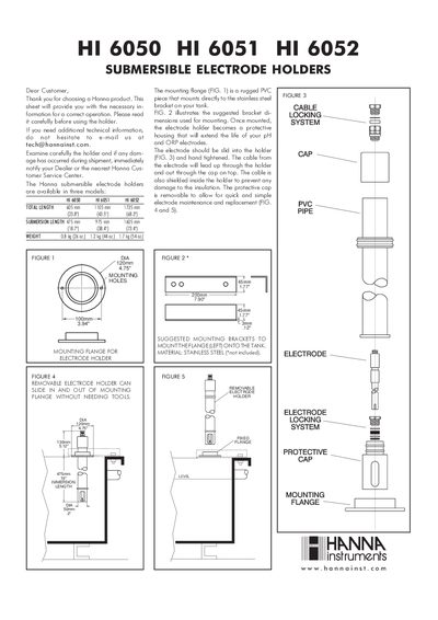 Hanna Instruments HI 6050/6051/6052 Submersible Electrode Holders Instruction Sheet - cover page