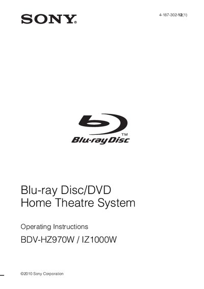 Sony BDV-HZ970W / IZ1000W Home Theatre System Operating Instructions - cover page