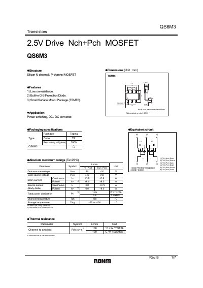 Rohm QS6M3 N‑channel/P‑channel MOSFET Datasheet - cover page