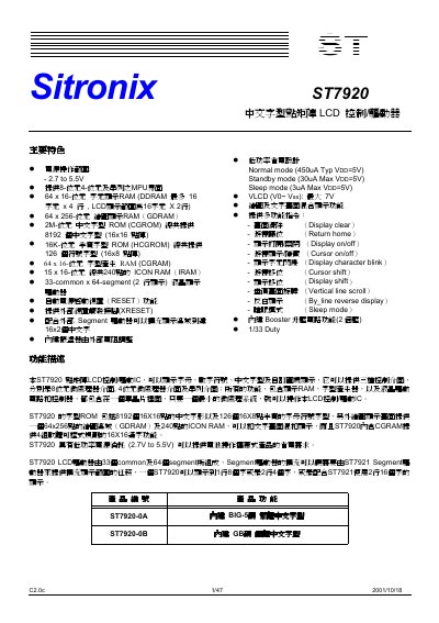 Sitronix ST7920 LCD Controller Datasheet - cover page