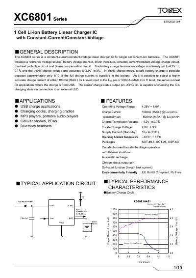 Torex XC6801 Series Linear Charger IC Datasheet - cover page