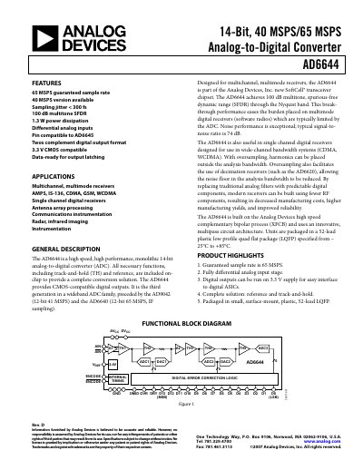 Analog Devices AD6644 14‑Bit 40/65 MSPS ADC Datasheet - cover page