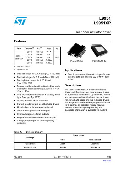 STMicroelectronics L9951/L9951XP Rear Door Actuator Driver Datasheet