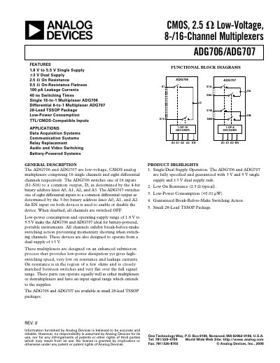 Analog Devices ADG706/ADG707 CMOS Analog Multiplexer Datasheet