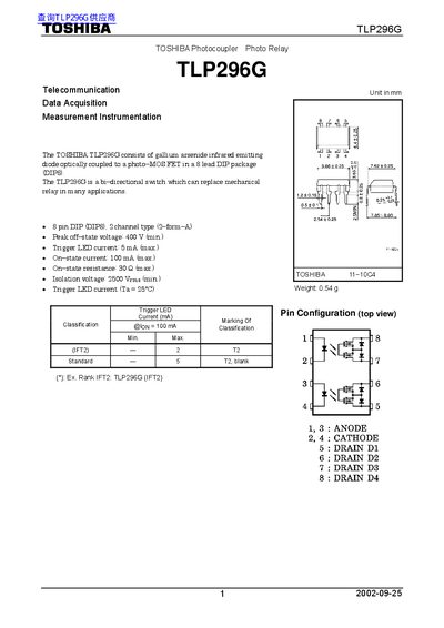 Toshiba TLP296G Photocoupler Datasheet - cover page