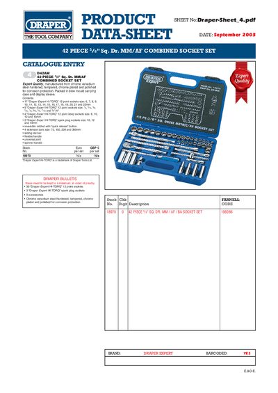 Draper D42AM Combined Socket Set Data Sheet - cover page